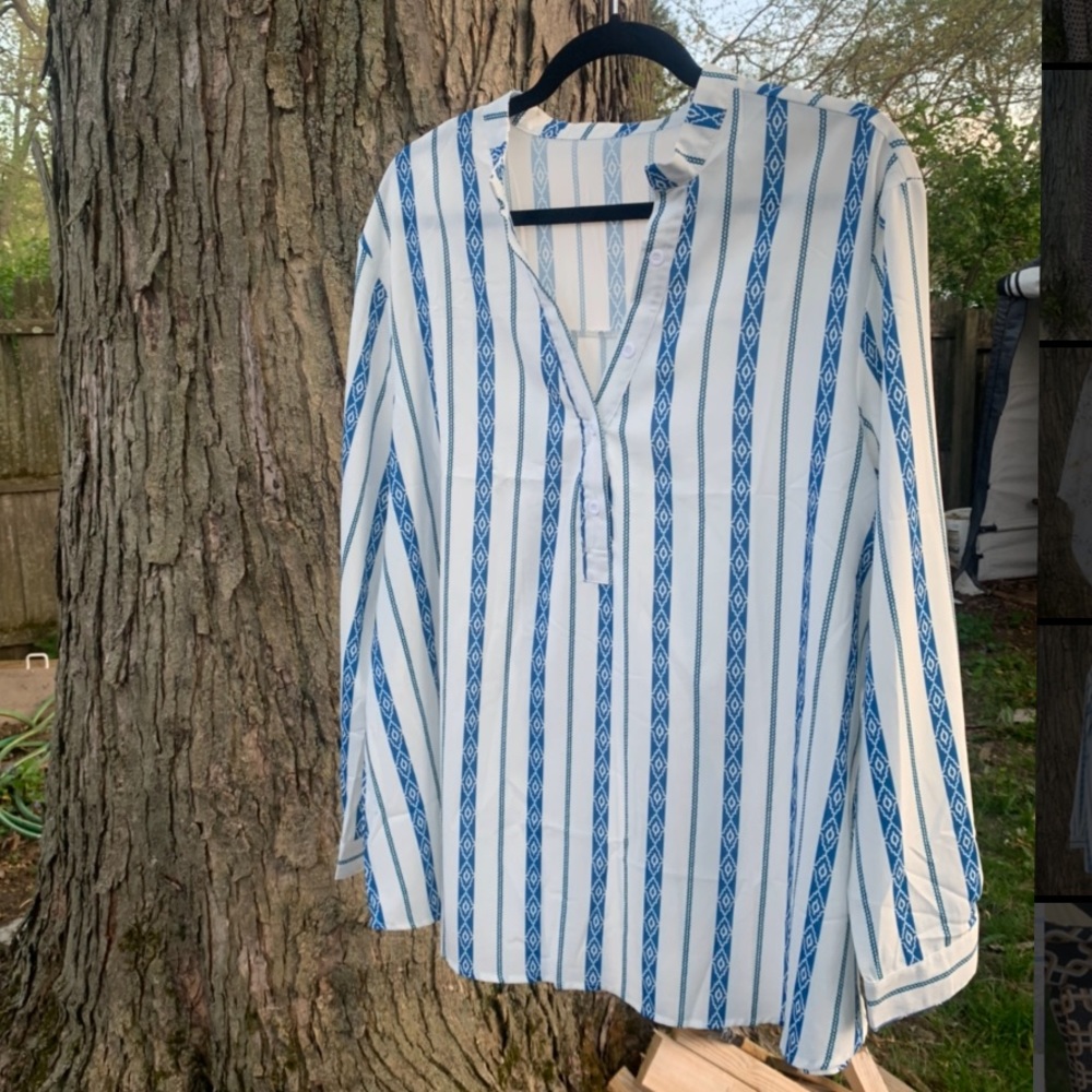 HOTAPEI V Neck Cuffed Sleeve Button Down